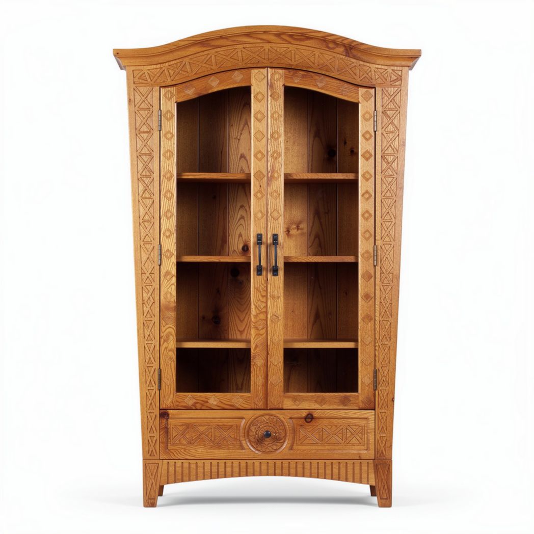 Armoire en bois sculpté avec portes vitrées et étagères intérieures 100 x 50 x 150cm