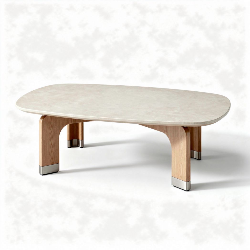 Table basse en bois clair avec surface en pierre 120 x 80 x 45cm