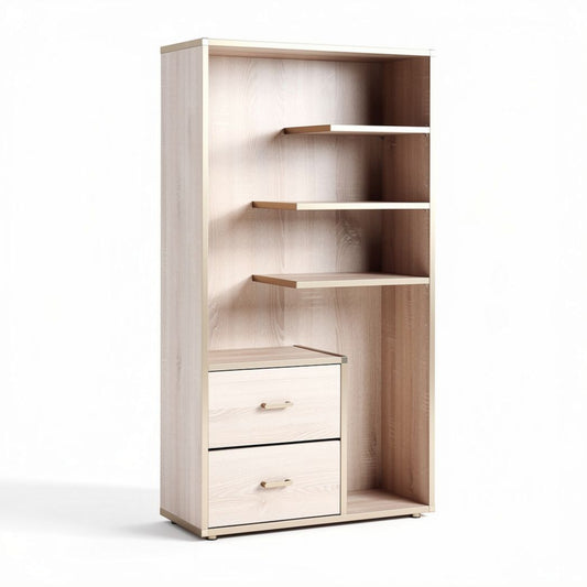 Étagère en bois clair avec deux tiroirs et quatre étagères 90 x 60 x 30cm