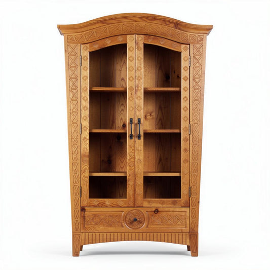 Armoire en bois sculpté avec portes vitrées et étagères intérieures 100 x 50 x 150cm