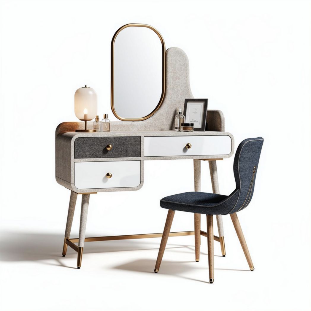 Coiffeuse moderne avec miroir en verre et chaise rembourrée en tissu gris