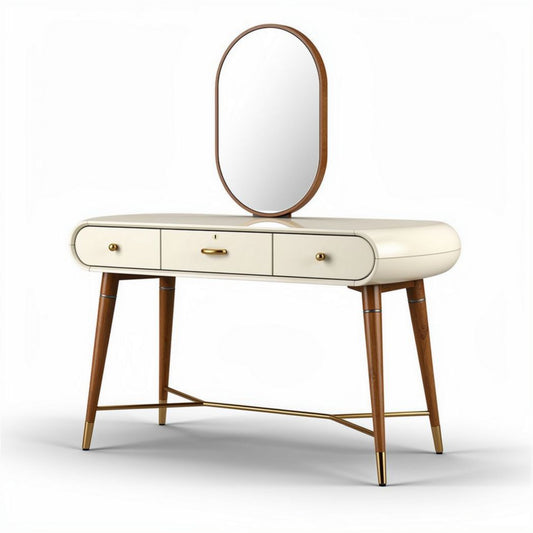 Coiffeuse moderne en bois et finition crème avec miroir ovale 100 x 40 x 75cm