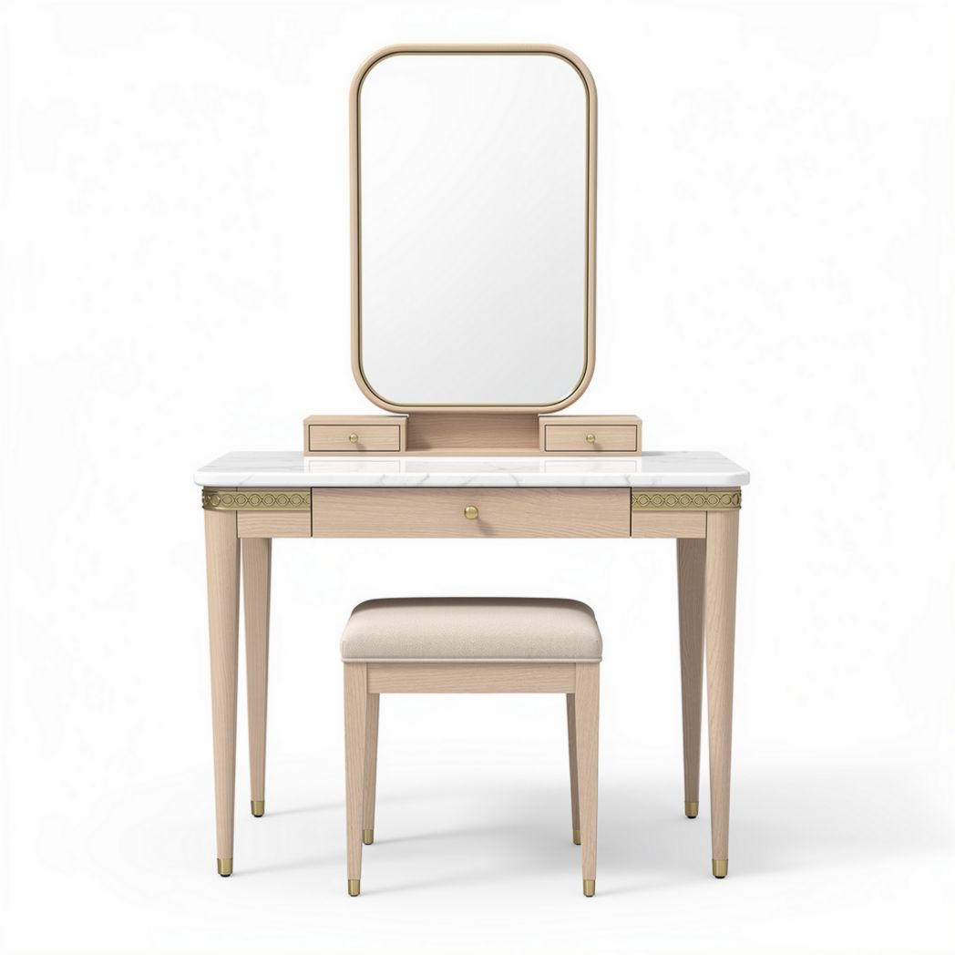 Coiffeuse en bois avec miroir et tabouret en tissu écru dimensions 100 x 40 x 75cm