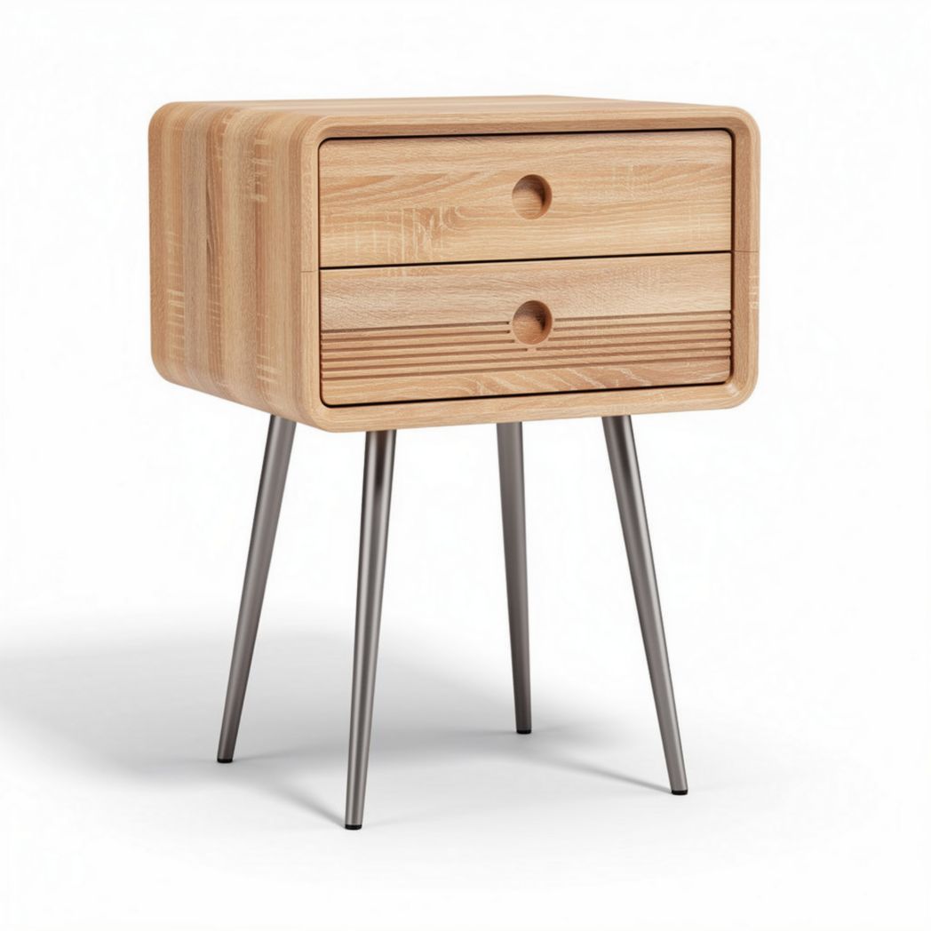 Table de chevet en bois clair avec 2 tiroirs et pieds en métal 45 x 40 x 50cm