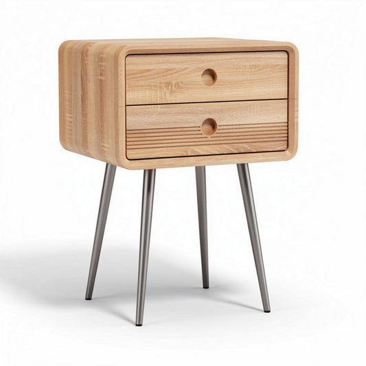 Table de chevet en bois clair avec 2 tiroirs et pieds en métal 45 x 40 x 50cm