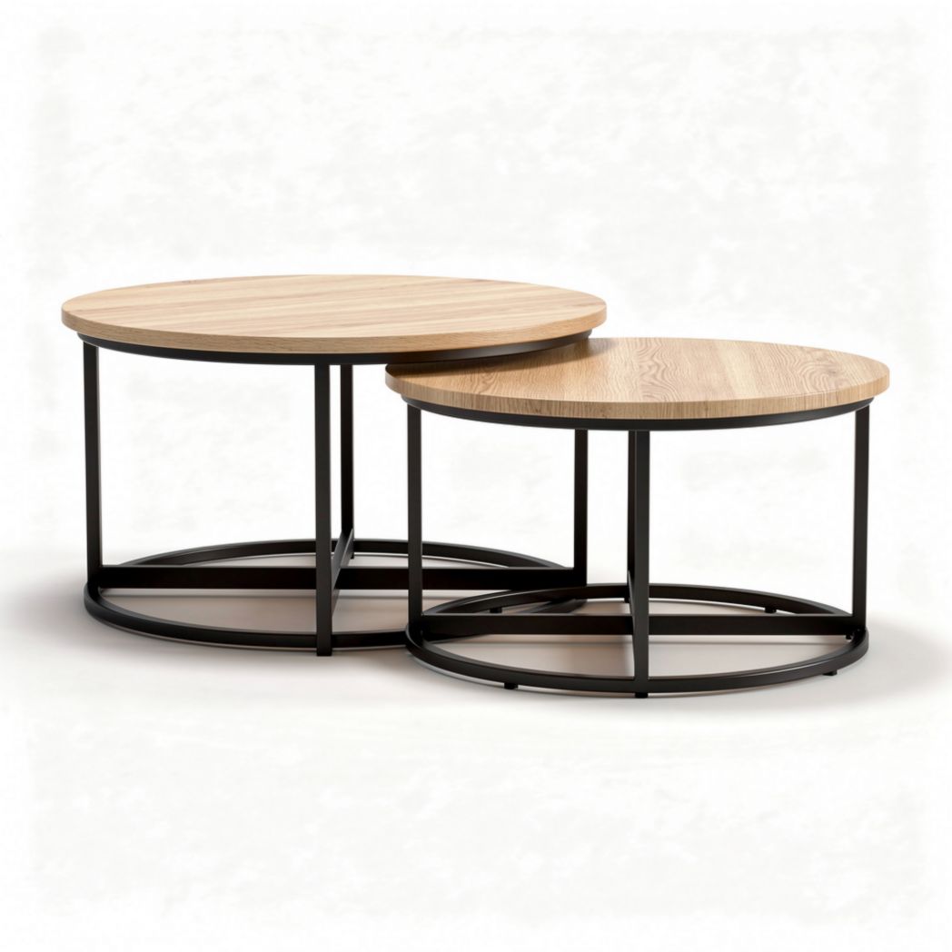 Tables basses décoratives en bois et métal noir diamètre 50 cm et 40 cm