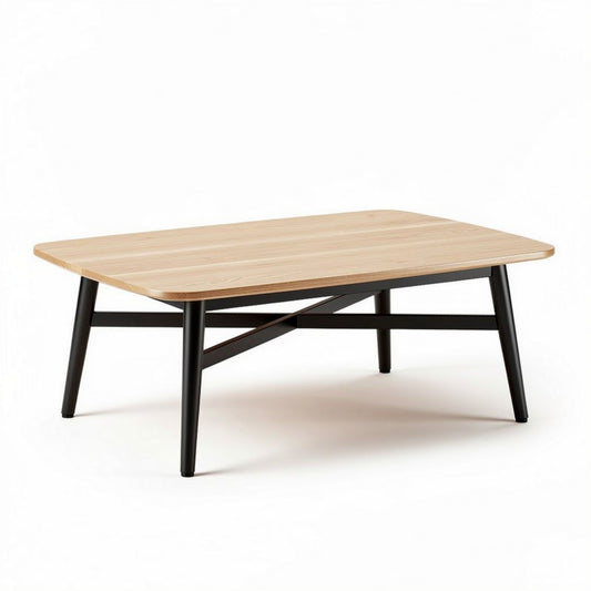Table basse en bois clair de 120 x 80 x 40cm avec pieds en métal noir