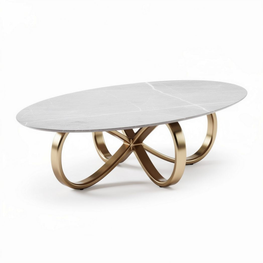 Table basse ovale en marbre blanc et métal doré 120 x 60 x 40cm